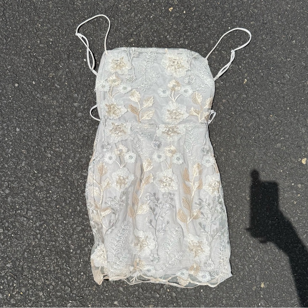 Lucy in the Sky Cream and Silver Floral Lace Homecoming Dress